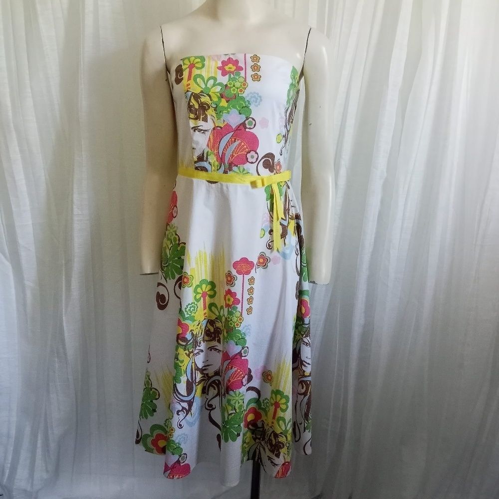 EVA FRANCO Sundress Floral Strapless SZ S Full Skirt Colorful Swiss Dot Dress